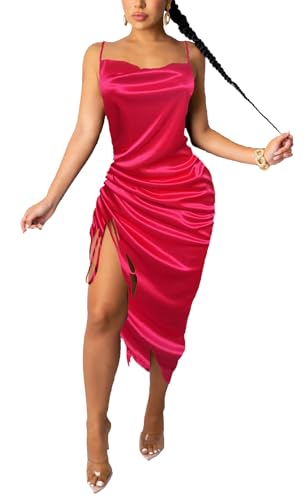 Image of Club Dress Sexy Dress for Women Wedding Party Birthday Cocktail Spaghetti Strap Satin Side Ruched Midi Mini Dress