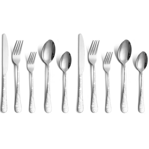 Image of aDai Sterling Silver Silverware Set | Satin Finish 10-Piece Flatware Set with Unique Floral Printed Handle | Dishwasher Safe Stainless Steel Cutlery for Home, Restaurant & Gifting