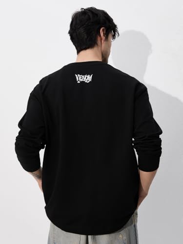 Image of The Souled Store Marvel: Venom Men and Boys Round Neck Black Graphic Printed Cotton Oversized Full Sleeve T-Shirts