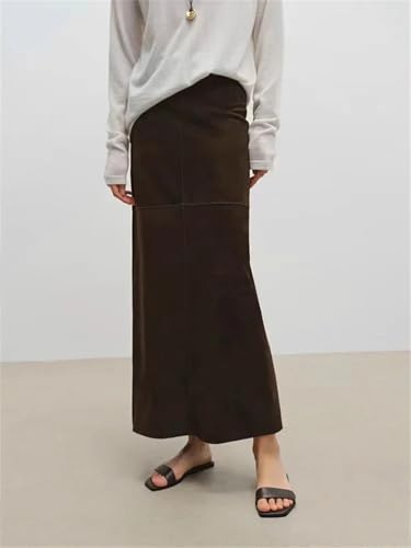 Women Suede Leather Long Skirt Back Split Waist Loop Ankle-Length Casual Straight Skirt3