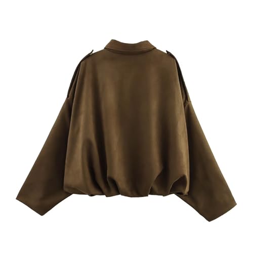 Womens Faux Suede Bomber Jacket Oversized Batwing Long Sleeve Shirts Zip Up Cropped Lapel Streetwear Tops2