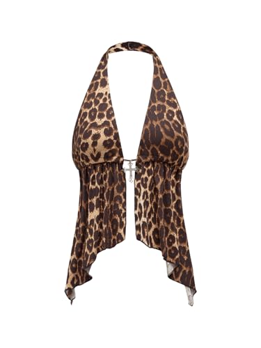 Milumia Women's Leopard Print Backless Halter Top Y2k Punk Ruffle Hem Tank Tops