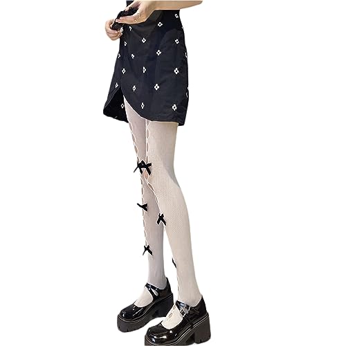 Image of SOLILOQUY Women Y2K Lolita Sheer Tights Bow Knot High Waist Footed Pantyhose Stockings See-Through Stretchy Leggings
