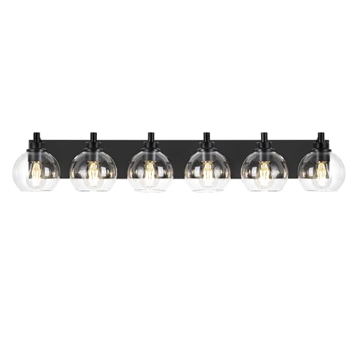 Image of Bathroom Light Fixtures, 6 Light Matte Black Vanity Light, 38 Inch Modern Wall Sconces with Globe Clear Glass Shade, Vanity Lighting Fixtures Over Mirror, VL195-MB-6