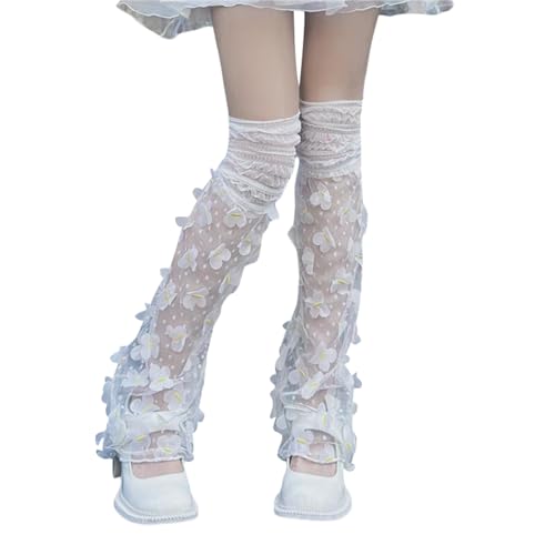Image of SOLILOQUY Women Y2K Ruffle Lace Leg Warmer Kawaii Lolita Long Thigh High Socks Harajuku JK Tiered Sheer Tulle Boot Cuff Cover