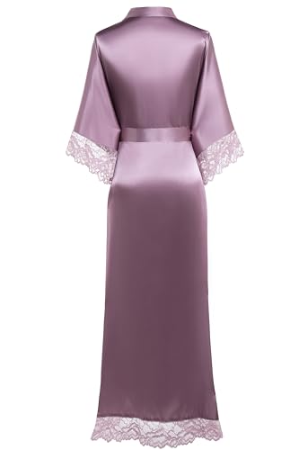 Image of BABEYOND Satin Kimono Robe Silky Long Bridesmaid Wedding Lightweight Bath Robe with Lace Trim