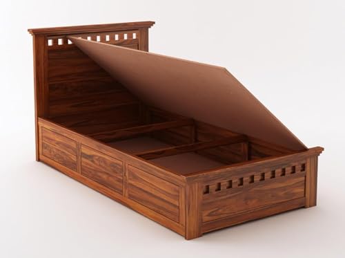 Image of Ganpati Arts Sheesham Wood Armania Single Size Bed with Box Storage for Bedroom | Wooden Single Bed Palang for Home (Natural Finish) 1 Year Warranty