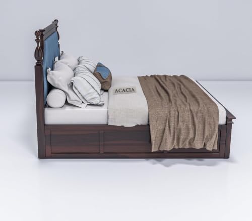 Image of Craft Wooden King Size Bed with Storage | Double Bed Cot Bed with Box Storage & Blue Colour Upholstered Cushioned Headboard for Bedroom, Sheesham Wood, Walnut Finish