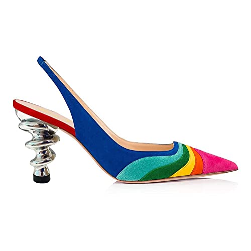 FOWT Women Rainbow Color Stripes Strange Spiral High Heel Pumps Slip On Pointed Toe Slingback Sandals Fashion Shoes 4-162