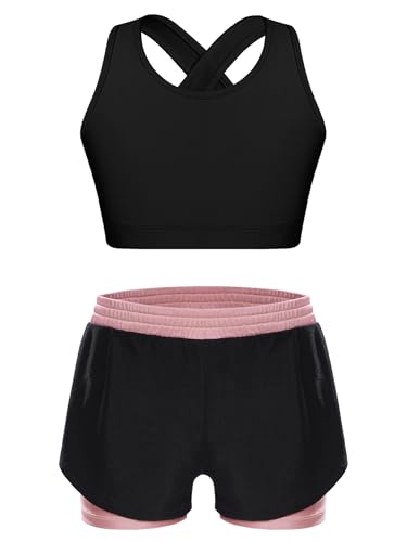 Girls 2-Piece Athletic Set Sleeveless Cross Back Crop Top with Double-Layer Contrast Shorts for Workouts