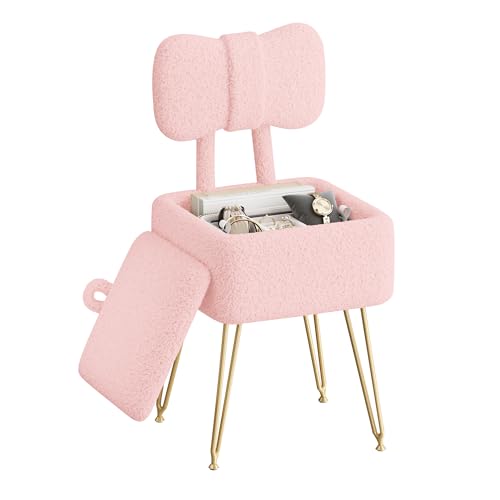 SENGALOTI Small Vanity Stool Chair with Storage and Foldable Back Pink