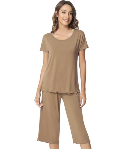 Image of NACHILA Women's Bamboo Viscose Pajama Sets Summer Cooling Short Sleeve Capri Soft Pjs Night Sweats Moisture Wicking Sleepwear