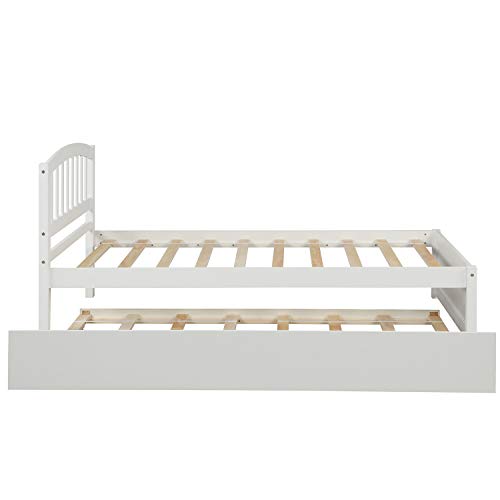 Twin Platform Bed With Trundle,Headboard And Pull Out Trundle Bed,Solid Pinewood Bedframe,Wood Slats Support,No Box Spring Needed,For Dorm,Bedroom,Guest Room Furniture,White #TOP5