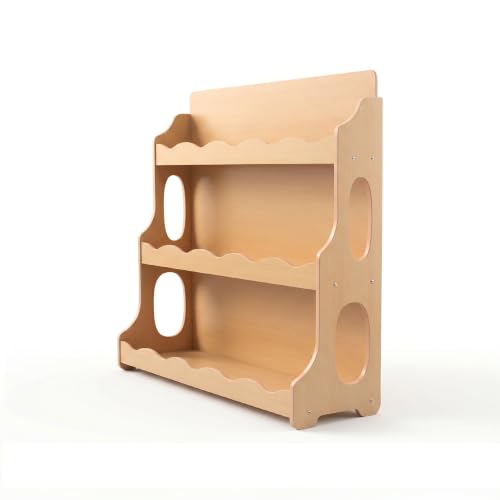 Image of Wood Kids Bookshelf,Maplewood GrainPattern | Dutch Design Scalloped Montessori Toddler Book Shelf 3Tier Wooden Furniture