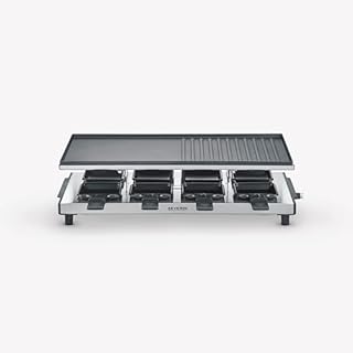 SEVERIN Appareil à raclette pour 8 personnes, Plaque de cuisson en fonte antiadhésive de grande surface 48,5 x 24 cm rainurée et lisse, Gril raclette 1 700 W, noir/inox, RG 2375