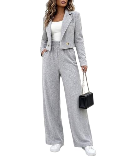 CHICME Women's 2 Piece Cropped Blazer Wide Leg Pants Travel Outfit-Gray-M