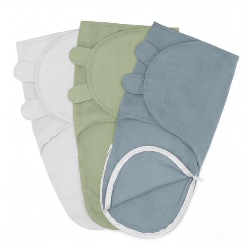 Image of Comfy Cubs Easy Swaddle Blanket with Zipper Closure, 3 Pack - 100% Cotton Newborn Wrap, Large for 3-6 Months Infants, Breathable and Durable Sleep Sack for Babies - Stone, Pacific Blue, Sage
