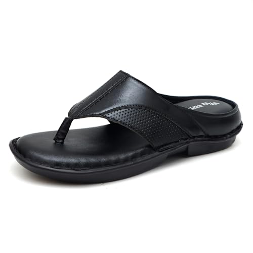 White Walkers Men's Black Leather Thong Slide Sandals Chappal Slipper (Black, UK Footwear Size System, Adult, Men, Numeric, Medium, 8)