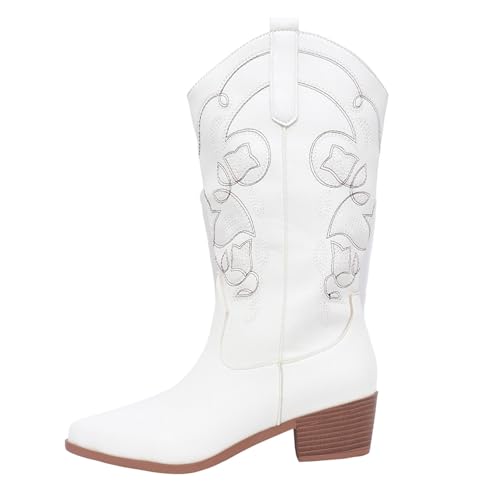 Womens Cowboy Boots Slip-on Waterproof Mid Calf Boots Comfortable and Stylish Western Cowgirl Boot Embroidery Stitched Fashionable Booties for Parties and Proms Dress Shoes White