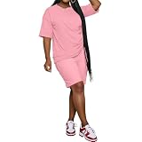 PINSV 2 Piece Sets for Women Summer Casual Short Sleeve Top and Short Workout Jogger Sets Pink L