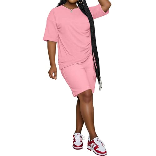PINSV 2 Piece Sets for Women Summer Casual Short Sleeve Top and Short Workout Jogger Sets Pink XL