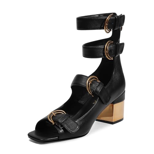 LOCERICH Womens Heeled Sandals Chunky Block Heels Open Toe Strappy Comfortable Ankle Strap Gold Low Heel Dress Shoes for Women - Main Image