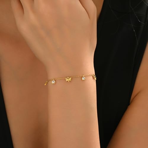 Gold Bracelet for Women 18K Gold Plated Diamond Charm Bracelets Dainty Star Flower Shell Dragonfly Dolphin Bracelet Cute CZ Charm Everyday Summer Beach Jewelry3