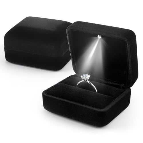 Ring Box with LED Light Velvet Ring Case for Jewelry Display Gift Luxury Auto Lighted Up for Proposal Wedding Engagement Anniversary Couple for Ring up to 2.3 cm (Black, Square 6*5*3.8 cm)