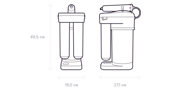 Technical drawing illustrating the dimensions of the Aquaphor RO-70S system in centimeters.