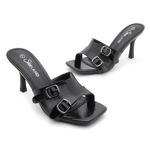 Image of Shoe Land Melrose Women's High Heels Stiletto Heeled Slides, Square Open Toe One Band Slip-On Heeled Mules - Dressy Clear Heeled Sandals for Prom Party Wedding and Vacation
