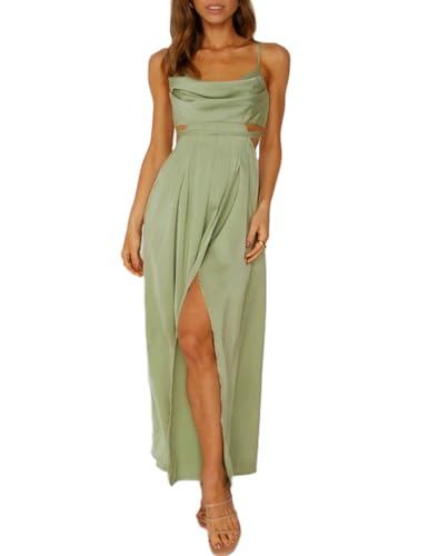 Image of Women's Satin Cowl Neck Backless Maxi Dress Sexy Tie Back Spaghetti Strap Ruched Wedding Guest Slit Long Dresses