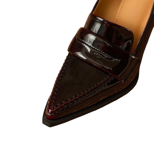 TinaCus Glossy Genuine Leather Women's Pointed Toe High Chunky Heels Slip on Pumps Shoes2