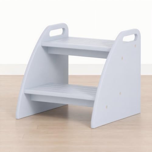 Image of Bamboo 2 Step Stool 300lbs Capacity, Grey Two Step Stool with Non-Slip Handles, Heavy Duty Stepping Stool for Bedside High Beds Adults, Sturdy Small Bathroom Kitchen Wooden Step Stool