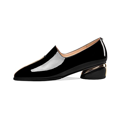 Image of TinaCus Women's Patent Leather Pointed Toe Handmade Stitches Low Chunky Heels Stylish Loafer Shoes(Black, US9)