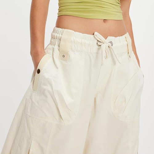 Womens Baggy Barrel Cargo Jeans Drawstring Elastic High Waisted Wide Leg Denim Pants with Pockets3