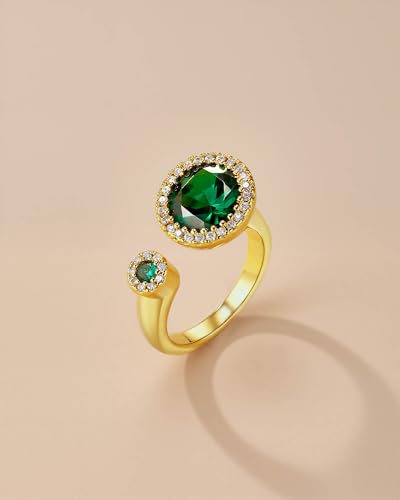 Green Emerald CZ Diamond Adjustable Unique Statement Open Ring for Women by SNGIA, Summer Beach Handmade Double Gemstone Stackable Wedding Date Birthday Gift, Statement Stone Irregular Trendy Ribbed Jewelry, Textured Patterned Fashion Accessories, Vintage Hammered Circular Nickle Free Gifts.4