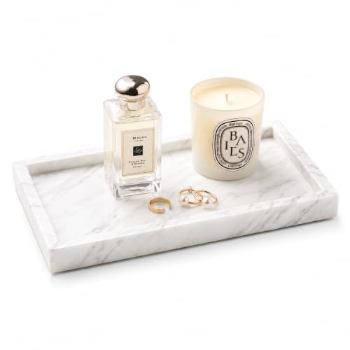 WORHE Italy Marble Vanity Tray for Jewelry, Perfume, Makeup, Candle,Towel Natural Modern Decorative Trays for Bathroom Bedroom Dresser Rectangle Kitchen Storage Organizer for Home Decor White (FX031)
