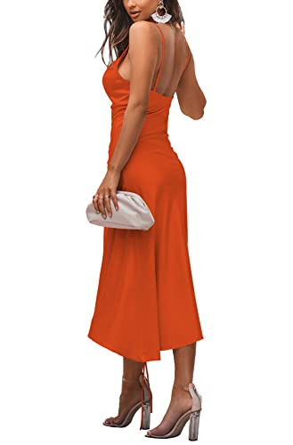 Image of LYANER Women's Satin Spaghetti Straps Cowl Neck Sexy Ruch Cocktail Midi Dresses