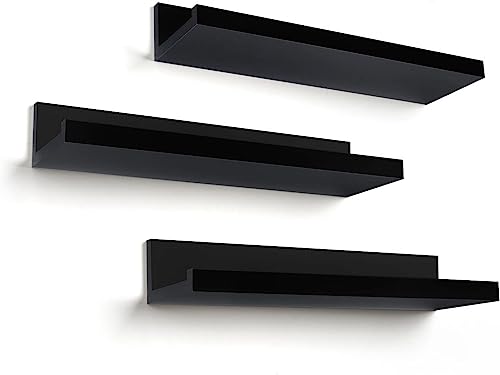 Image of WooDinto Wall Shelves for Living Room, Bedroom|Wall Mounted ShelfWall Hanging Storage Unit|Wall Organiser Shelf (Floating Set of 3-White-24 Inch) (Black, (Ledge Set of 3 - Black - 14 Inch)