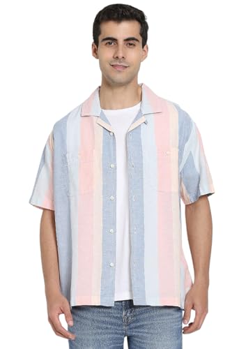 Image of American Eagle Men Multi-Colored Linen-Blend Striped Button-Up Poolside Shirt