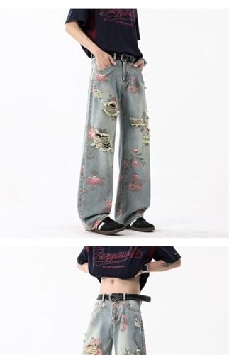 Men's American Ripped Jeans Floral Design Sense Beggar Straight-Leg Slim Wide-Leg Pants3