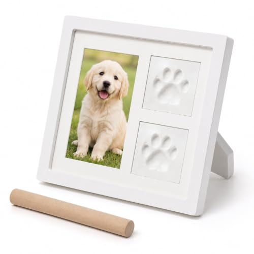 Image of Pet Paw Print Memorial Frame Dogs & Cats, White Clay Imprint Keepsake Kit