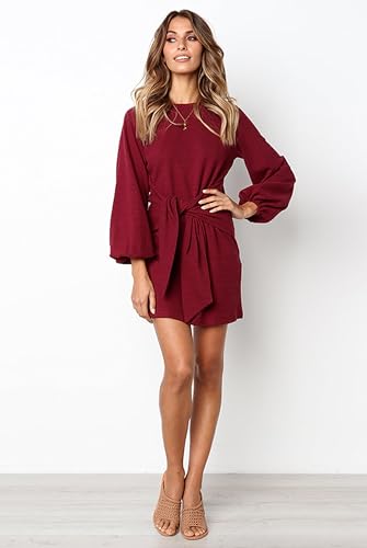 Image of PRETTYGARDEN Womens Spring Elegant Long Lantern Sleeve Short Dress Wedding Guest Crewneck Tie Waist Knit Cocktail Dresses