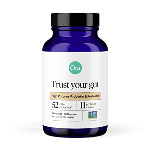 High Potency Probiotic and Prebiotic, Trust Your Gut by Ora, 52 Billion CFU, 11 Lactobacillus & Bifidobacterium Strains - 60 Capsules