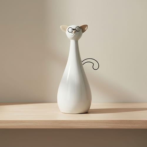 Figura decorativa de cerámica en forma de gato beige 10 in