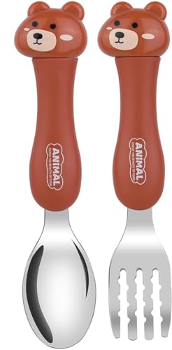 Image of Kids Spoon & Fork Set, Stainless Steel Body with Sturdy Cartoon Handles with Carry Case, Portable Flatware Ideal for Travel & School (Random Design, Brown)