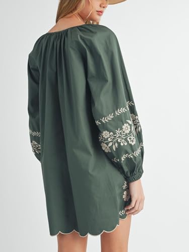Image of Joiemont Womens Embroidered Long Sleeve Mini Dress Loose Fit Vintage Embroidery Dress with Double Neckline Self Tie