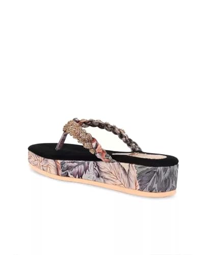 Image of ZAPATOZ Women's Floral Platform Sandals with Braided Gold Embellishment, Black Velvet Thong Slippers, Printed Sole Design