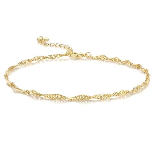 14K Gold Plated Anklets for Women Gold Plated Ankle Bracelet for Women Singapore Chain Mimics Gentle Ripples Singapore Ankle Bracelets for Womens