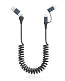 Cable USB-C y Lightning en espiral 2 en 1 con puerto dual (USB-C/USB-A) – Cable cargador retráctil de coche de 4 pies...